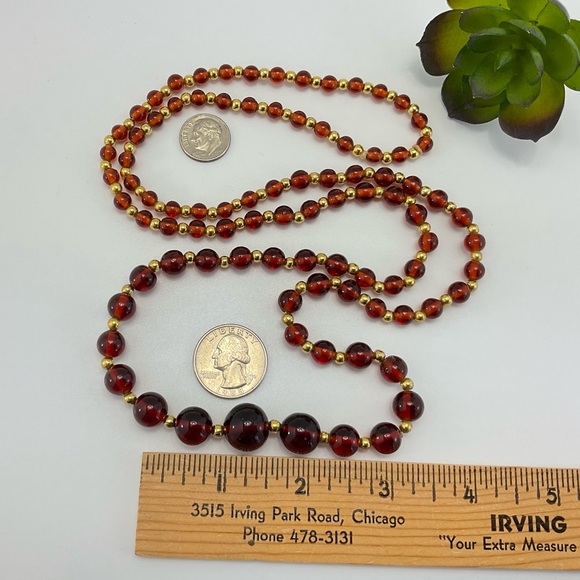 VTG, Lamp Work Glass & Gold Bead Necklace, Root Beer Color, Rope Length, 36" - Picture 7 of 11